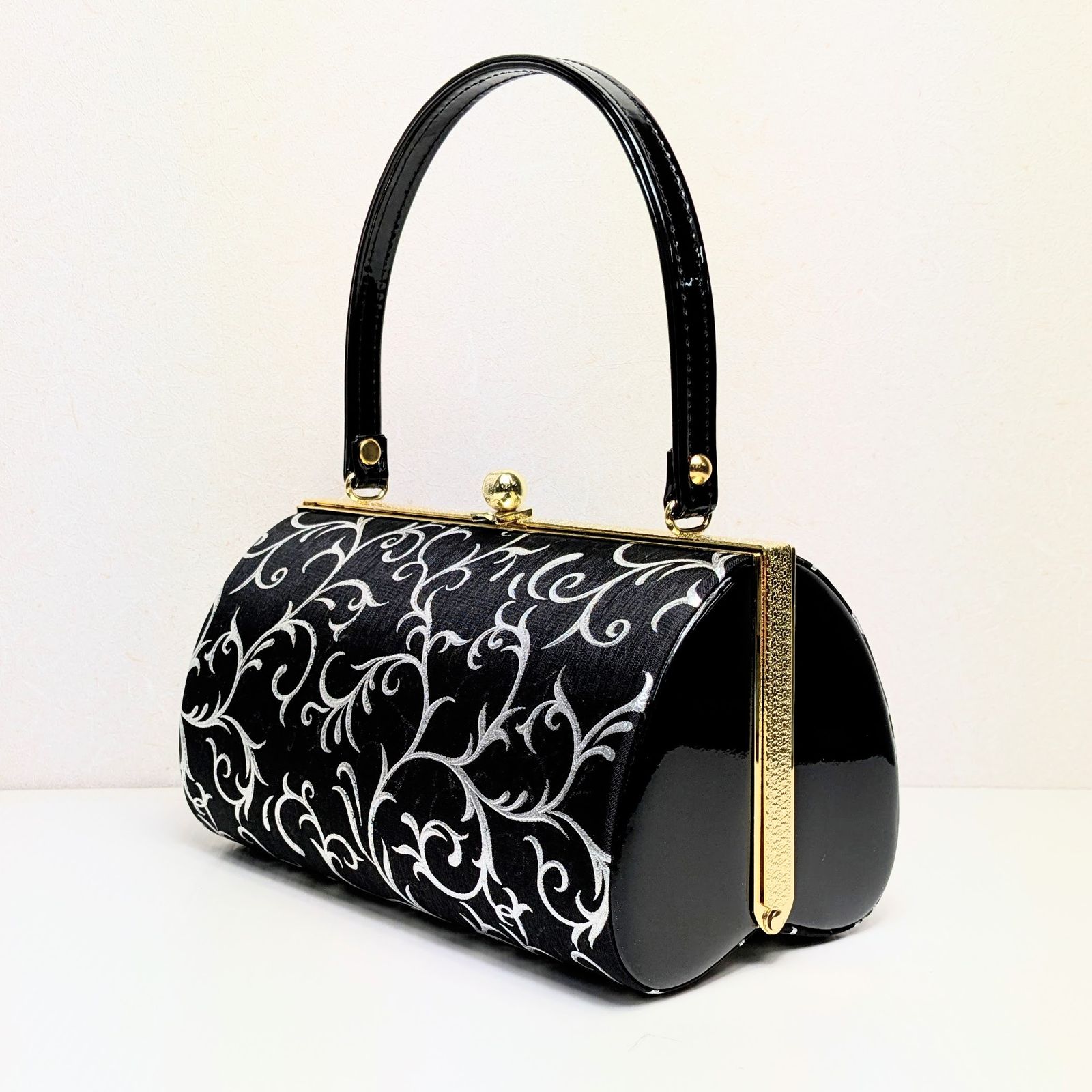 草履バッグセット 帯地 銀彩 唐草 フリーサイズ ブラック×シルバー  