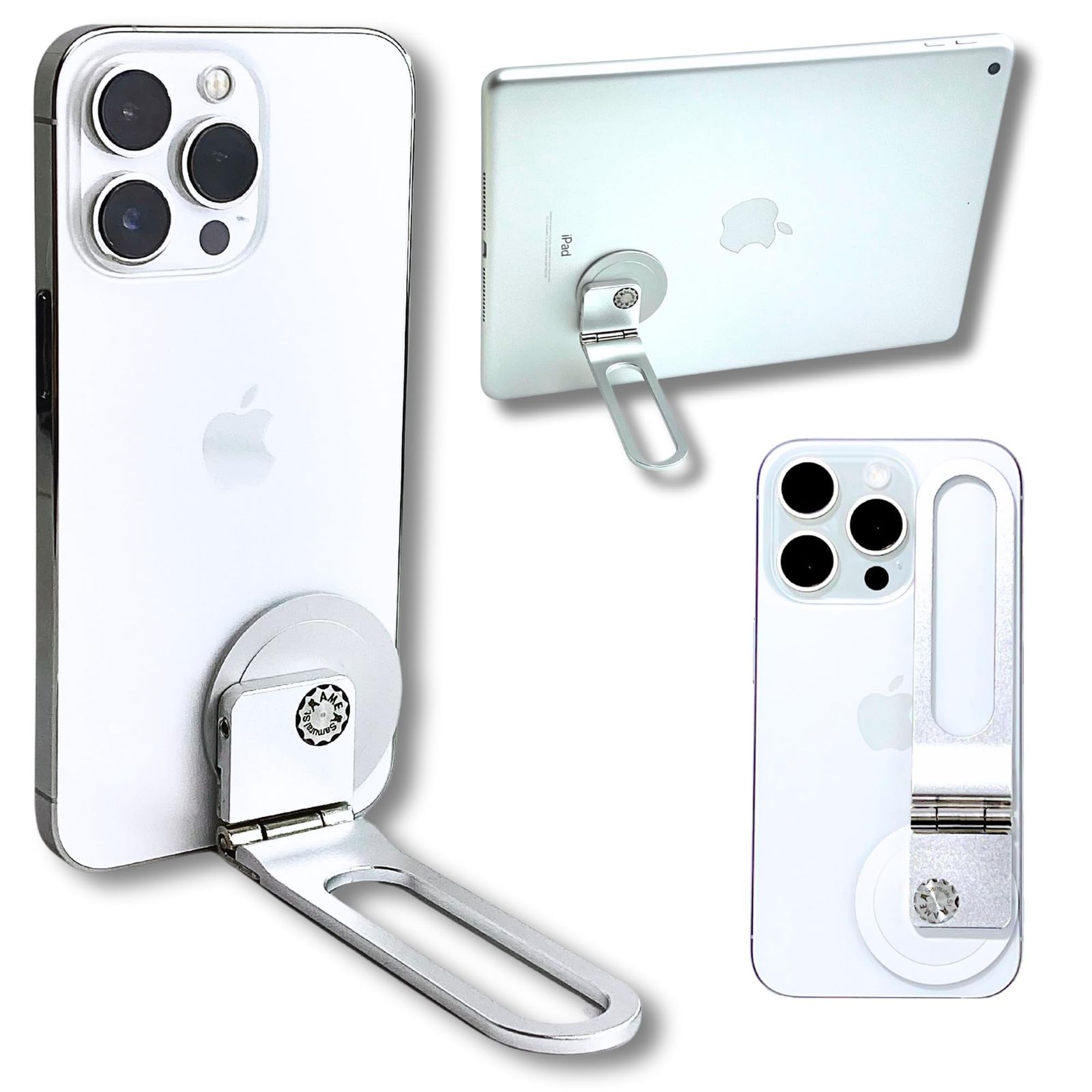 【迅速発送】持ち運び 卓上 iPhone スリム 軽量 Android ステンレス製 アルミ合金 iPad 360回転 多角度調整 タブレット兼用 自撮り棒 グリップ マルチスタンド スタンド MagSafe対応 （吟醸 多機能ス