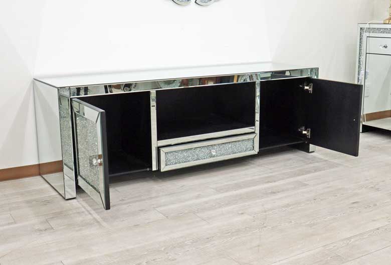 ミラー家具 テレビボード 180cm シルバー ローキャビネット ラインストーン ミラー家具 テレビボード 180cm シルバー ローキャビネット ラインストーン