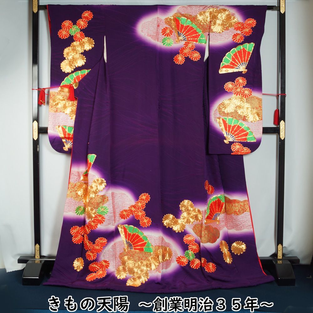 引き振袖 子供用 踊り着物 雲取に檜扇、菊模様 刺繍 正絹 子供 振袖