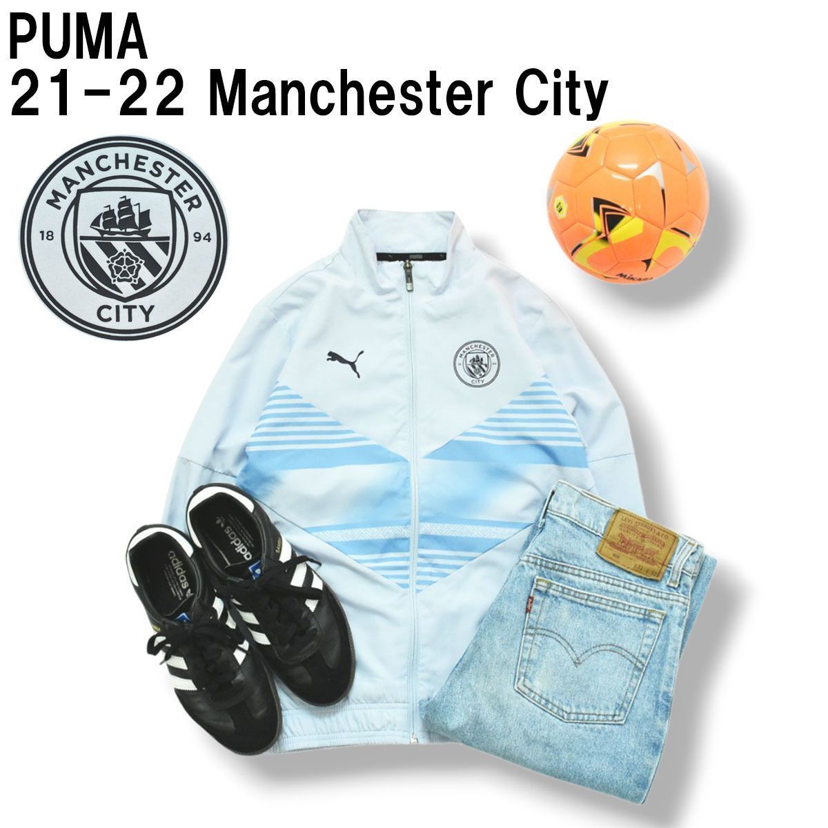 プーマ PUMA 21-22 マンチェスター シティ Manchester City プレマッチ ウーブン ジャケット 152 ライトブルー キッズ レディース 