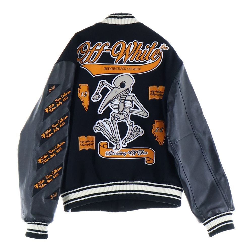 OFF-WHITE オフホワイト 21AW Leather Varsity Jacket ロゴワッペン 袖レザー切り替え バーシティジャケット スタジャン ブルゾン ブラック OMJA059F21LEA001