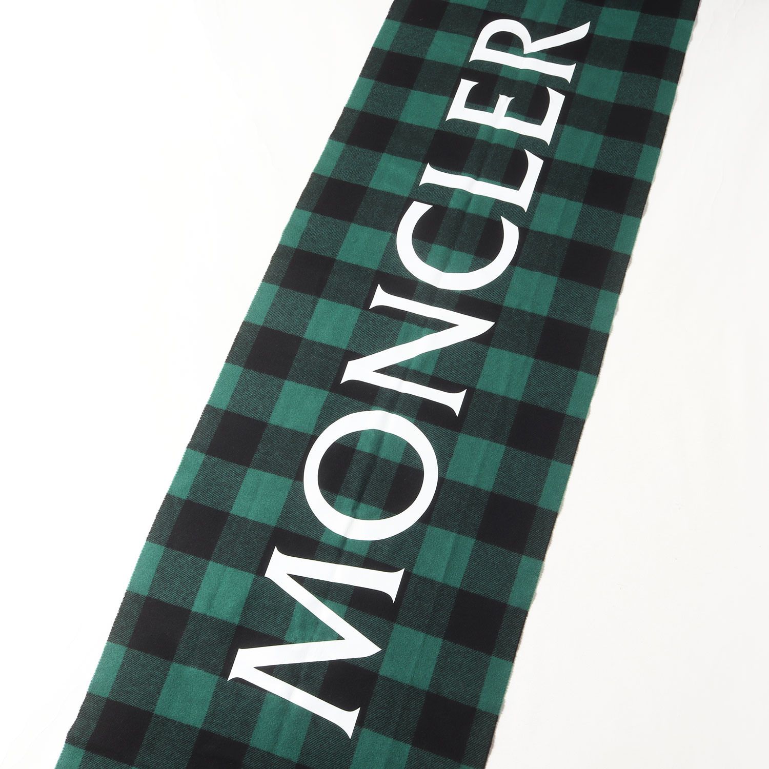 MONCLER モンクレール ストール | ロゴプリント フリンジ ブロックチェック 大判 ストール | グリーン ブラック | ブランド ファッション アイテム 小物【メンズ】【中古】 MONCLER モンクレール ストール | ロゴプリント フリンジ ブロック