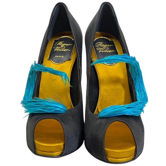 ロジェヴィヴィエ ポインテッドトゥ フェザー ブラックサテン パンプス ヒール ブラック サテン レザー ROGER VIVIER サイズ36 約23 cm レディース 安心品質 ブランドシューズ 感 パーティー エレガント デザイン