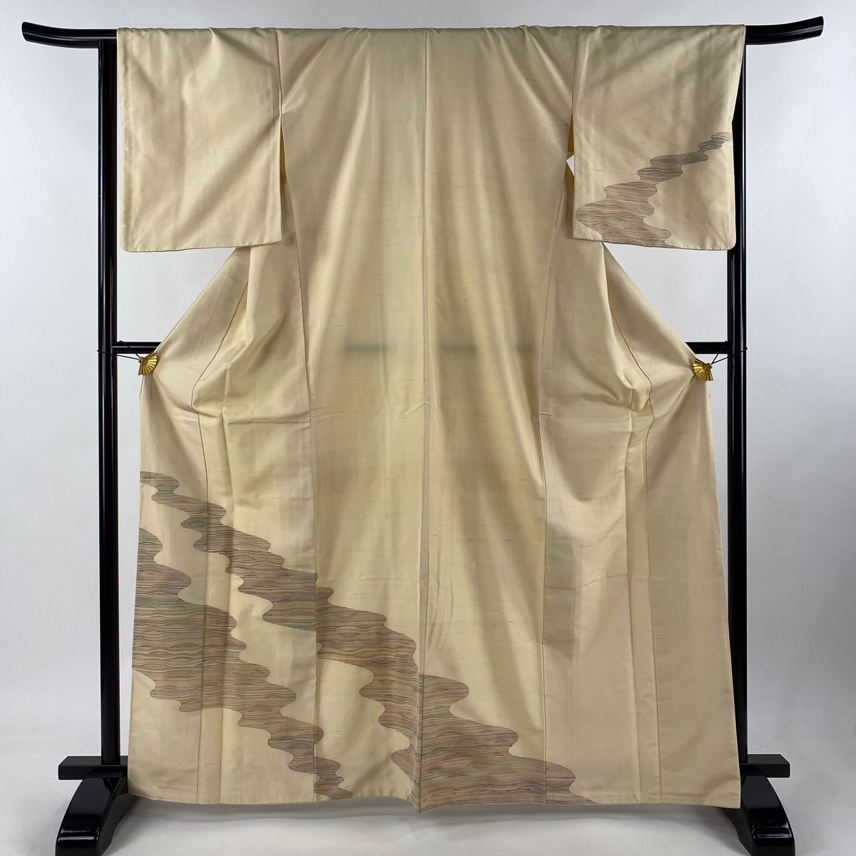 付下げ 身丈165cm 裄丈67cm M 袷 紬地 霞 縞 ベージュ 正絹 秀品  