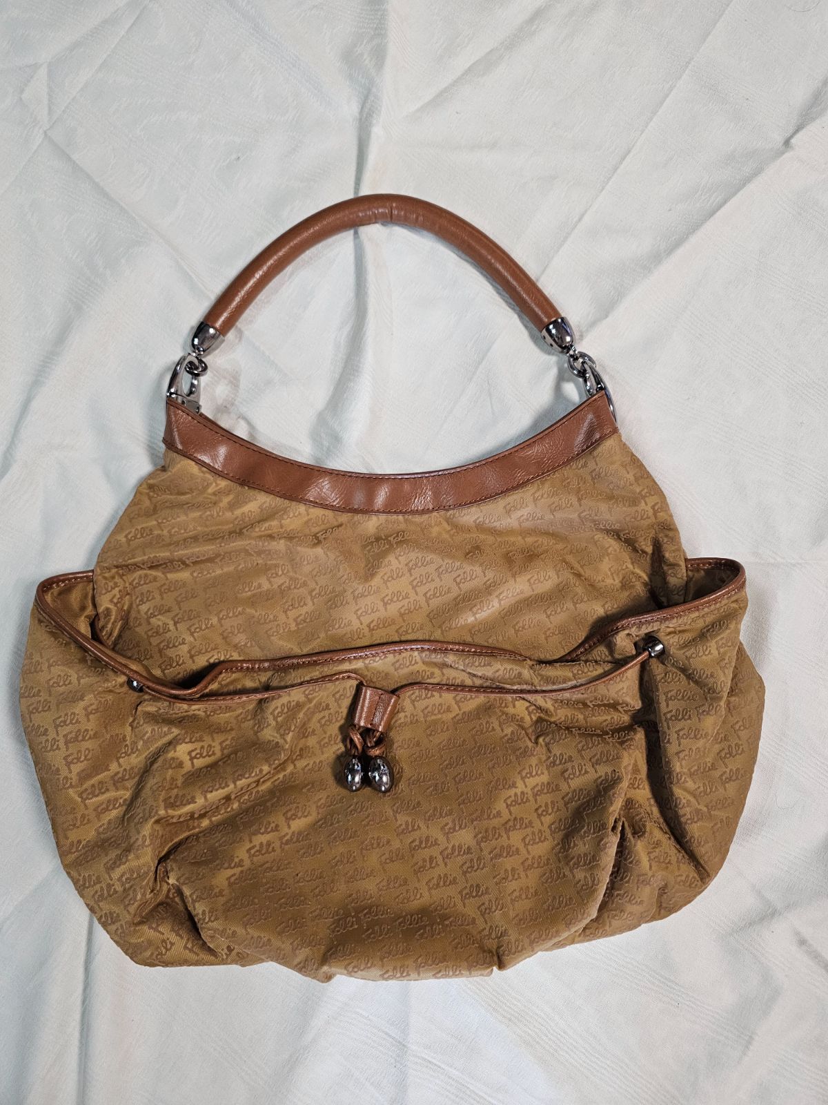 良品 フォリフォリ ショルダーバゲットバッグ牛革鞄ベージュ茶 Folli 