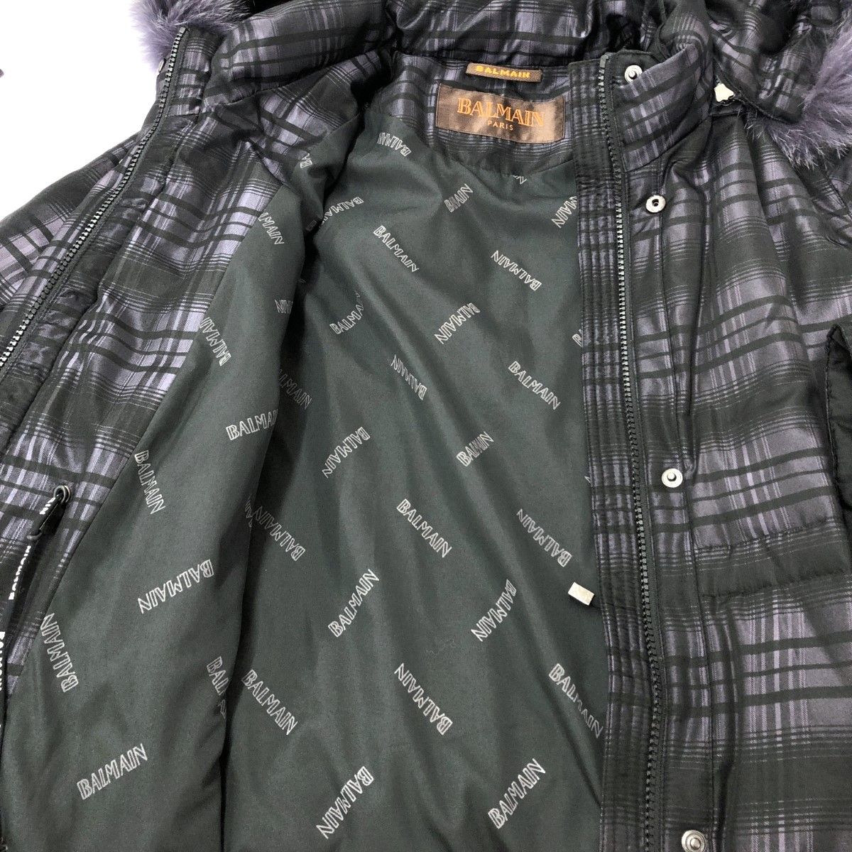 良好 BALMAIN PARIS バルマン フォックスファー付き チェック柄