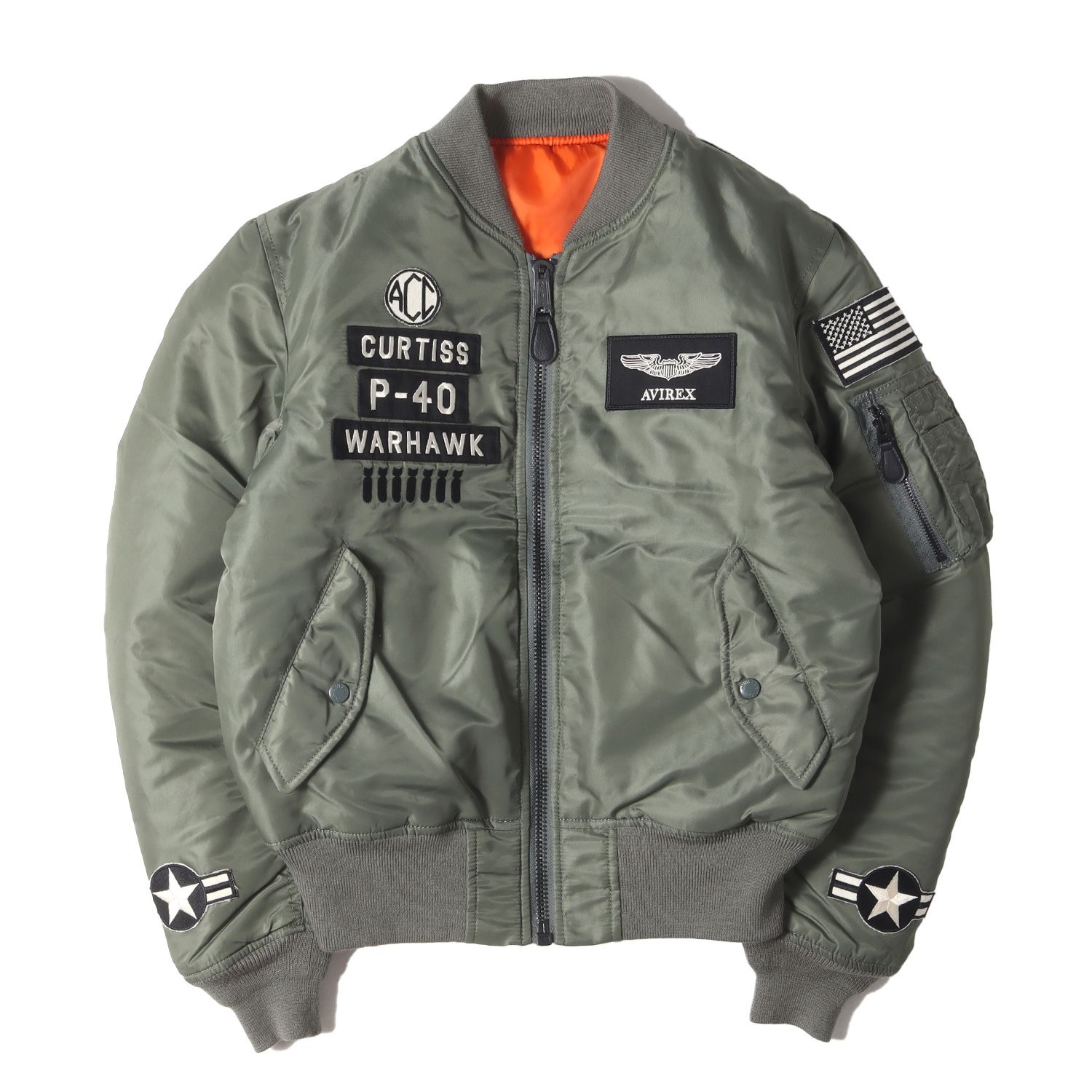 AVIREX アヴィレックス ジャケット カーキ サイズ M | ロゴパッチ 刺繍 フライト ボンバー ジャケット 6172174 | アウター ブルゾン ジャンパー 上着 メンズ