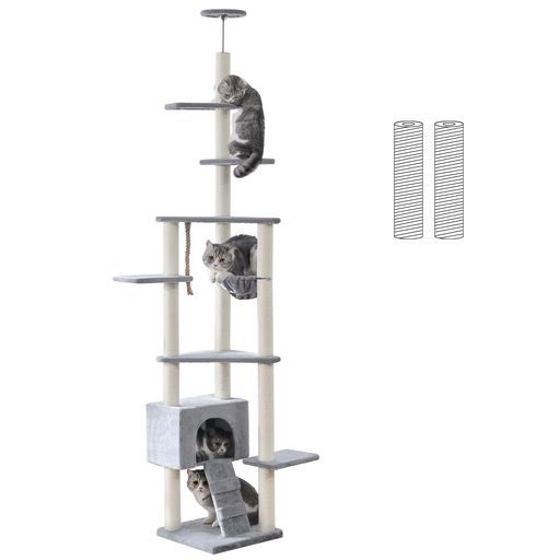 全面ジュート巻き U-Yocanpetキャットタワー突っ張り猫タワー高さ調整幅240-260cm3本支柱強い安定性スリム省スペース爪とぎ柱ハンモック付き隠れ家多頭飼い運動不足ストレス解消ライト…
