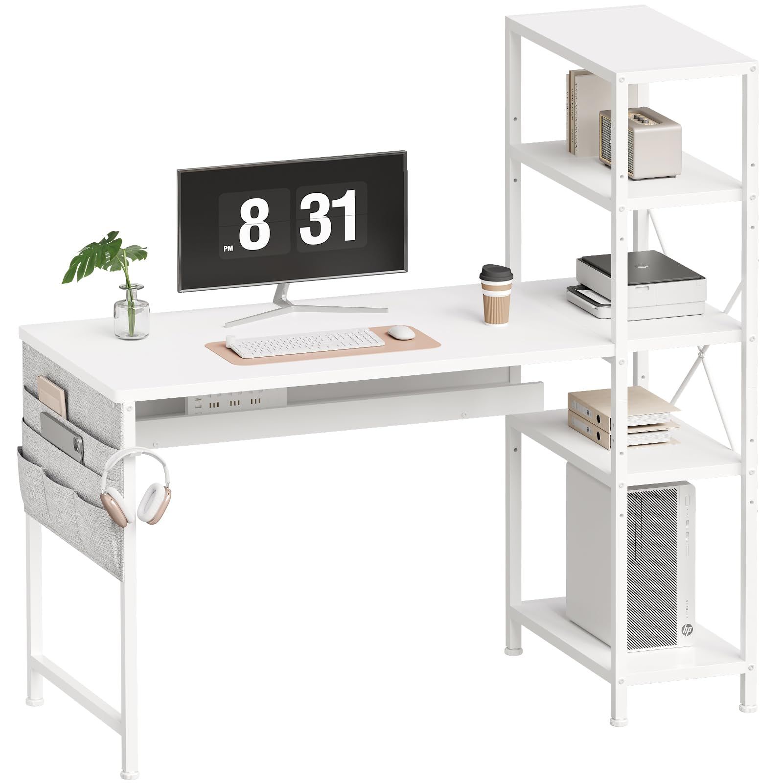 YeTom 机 ラック付きデスク pcデスク パソコンデスク 幅120cm×奥行48cm A4対応 在宅ワークデスク オフィスデスク 収納ラック 収納袋付き 勉強机 学習机 左右入替可 可動式棚板 テレワーク 白い