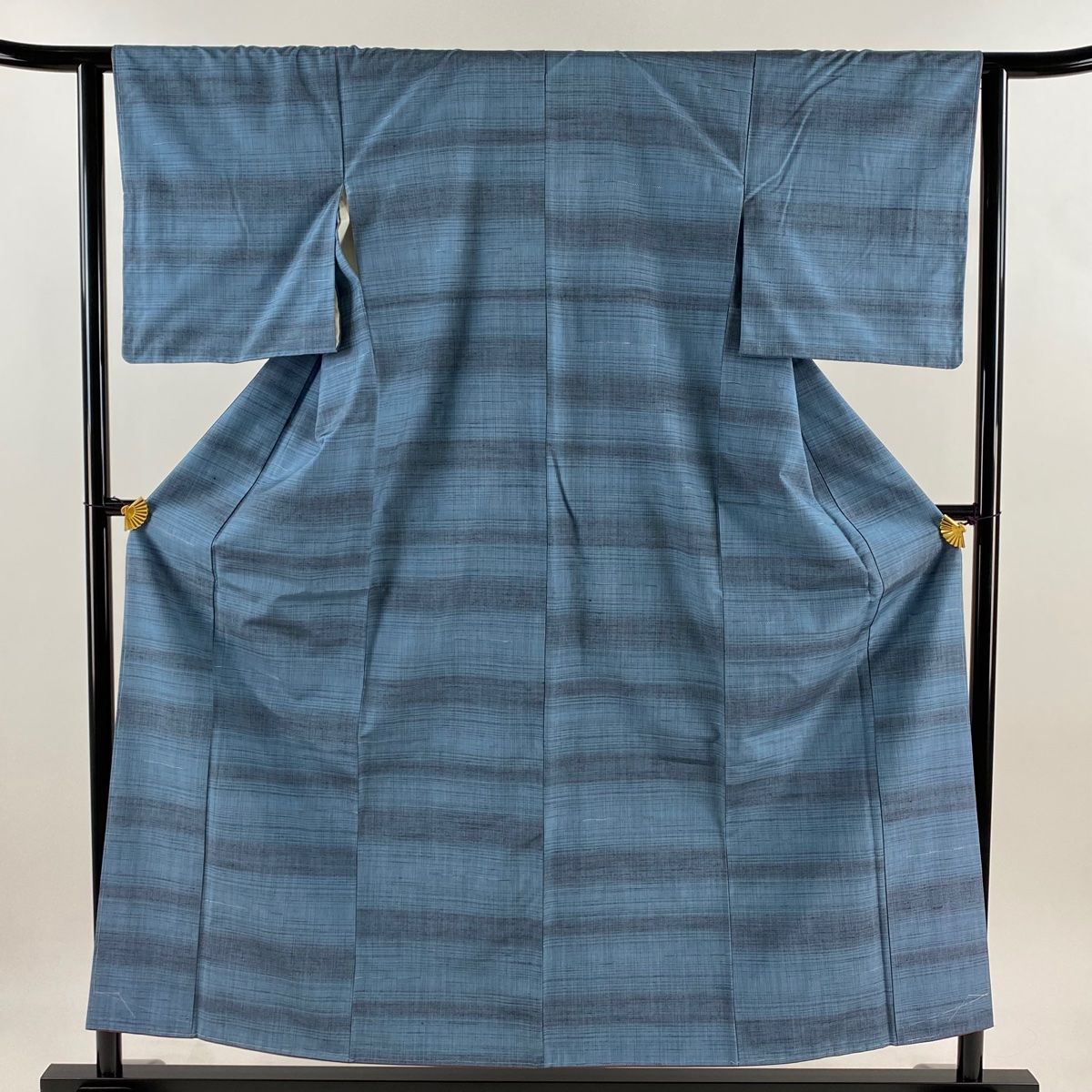 紬 身丈155cm 裄丈61.5cm S 袷 横縞 青灰色 正絹 秀品