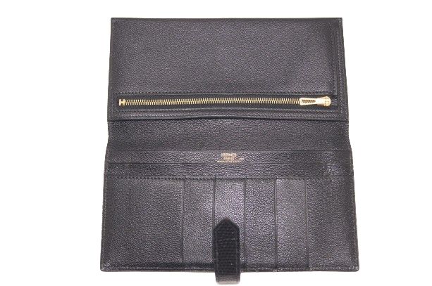 HERMES エルメス ベアン クラシック 2つ折り長財布 リザード ブラック