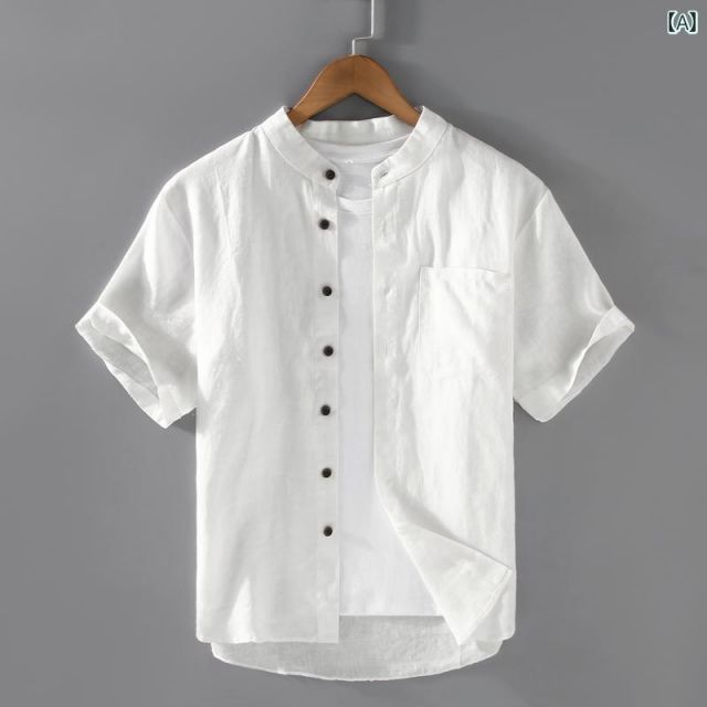 - XL メンズ ファッション 服 男性用 オシャレ シンプル 大人 かっこいい 大きいサイズ ストリート 紳士服 ライト リネン スタンド 半袖 シャツ リネン 夏 通気性 フル リネンシャツ