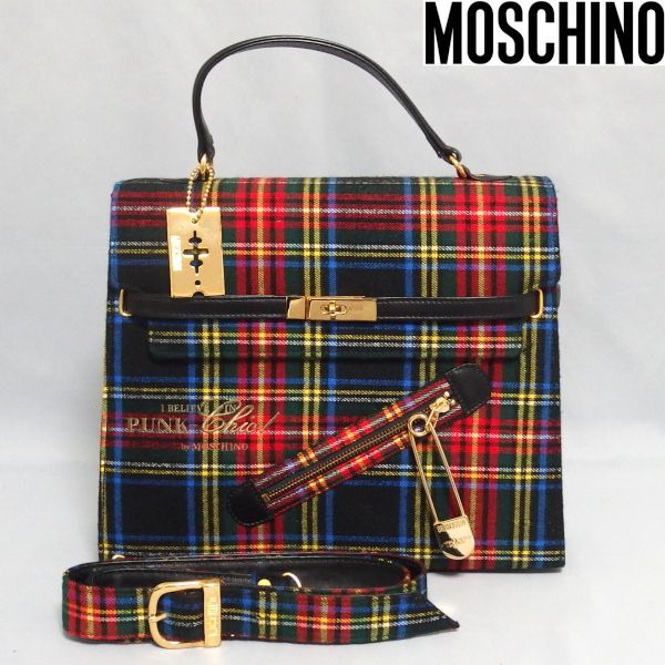 美品★MOSCHINO I BELIEVE IN PUNK-Chic タータン チェック 安全ピン 2Way ショルダー ハンドバッグ モスキーノ★