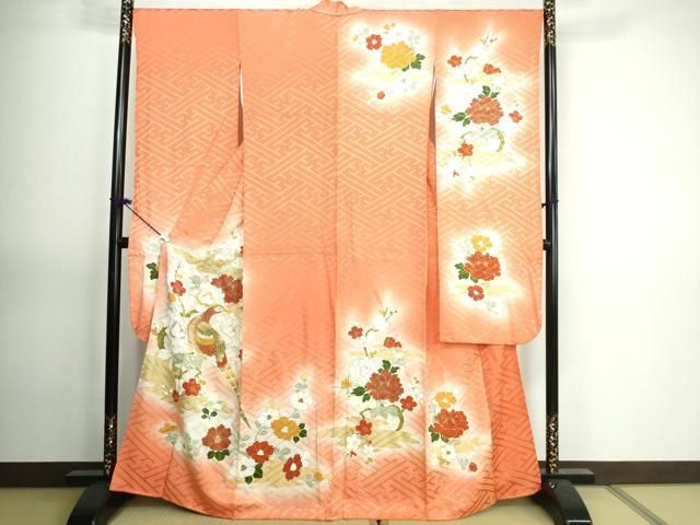 (あ791)アンティーク振袖㊗️クリーム色に古典的な祝い柄 鳳凰 金駒 帯セット 豪華振袖フルセット(7点)・鶯色・古典柄・金駒刺繍・御所車
