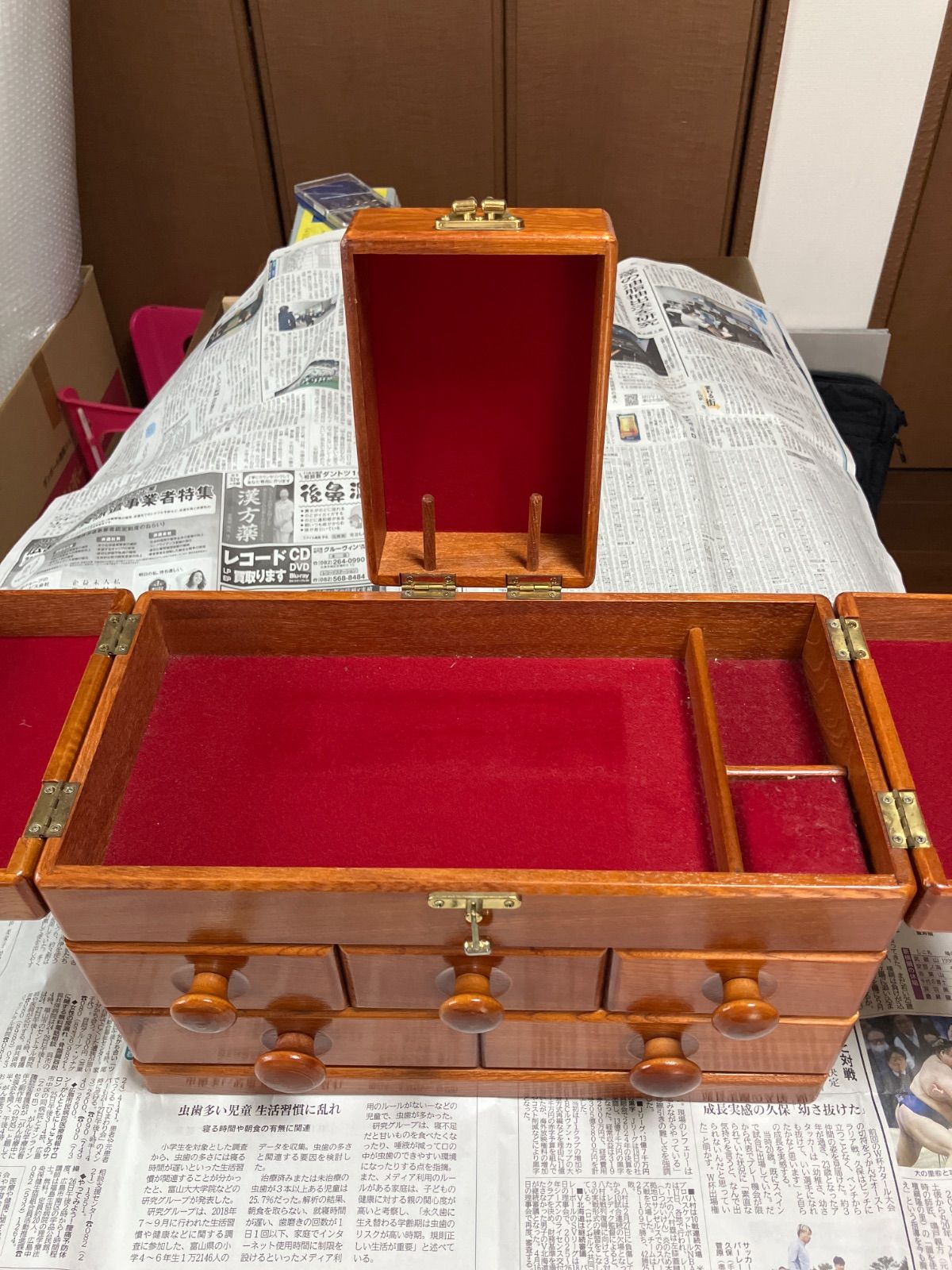 昭和レトロ 木製 裁縫箱 ソーイングボックス 引き出し付き 赤フェルト