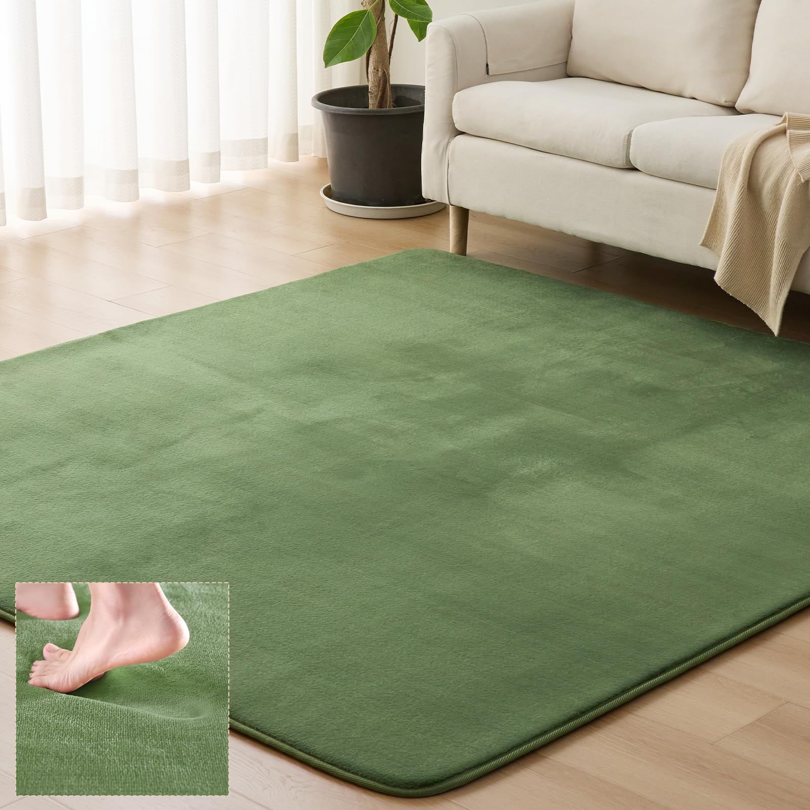 Sun Deco ラグ グリーン カーペット 低反発 4畳 ラグマット 厚 200x300cm オールシーズン 滑り止め付 抗菌 防臭 防ダニ 踏み心地ふわふわ 厚手 フランネルラグ 接着剤不使用 床暖房 ホットカーペット対応