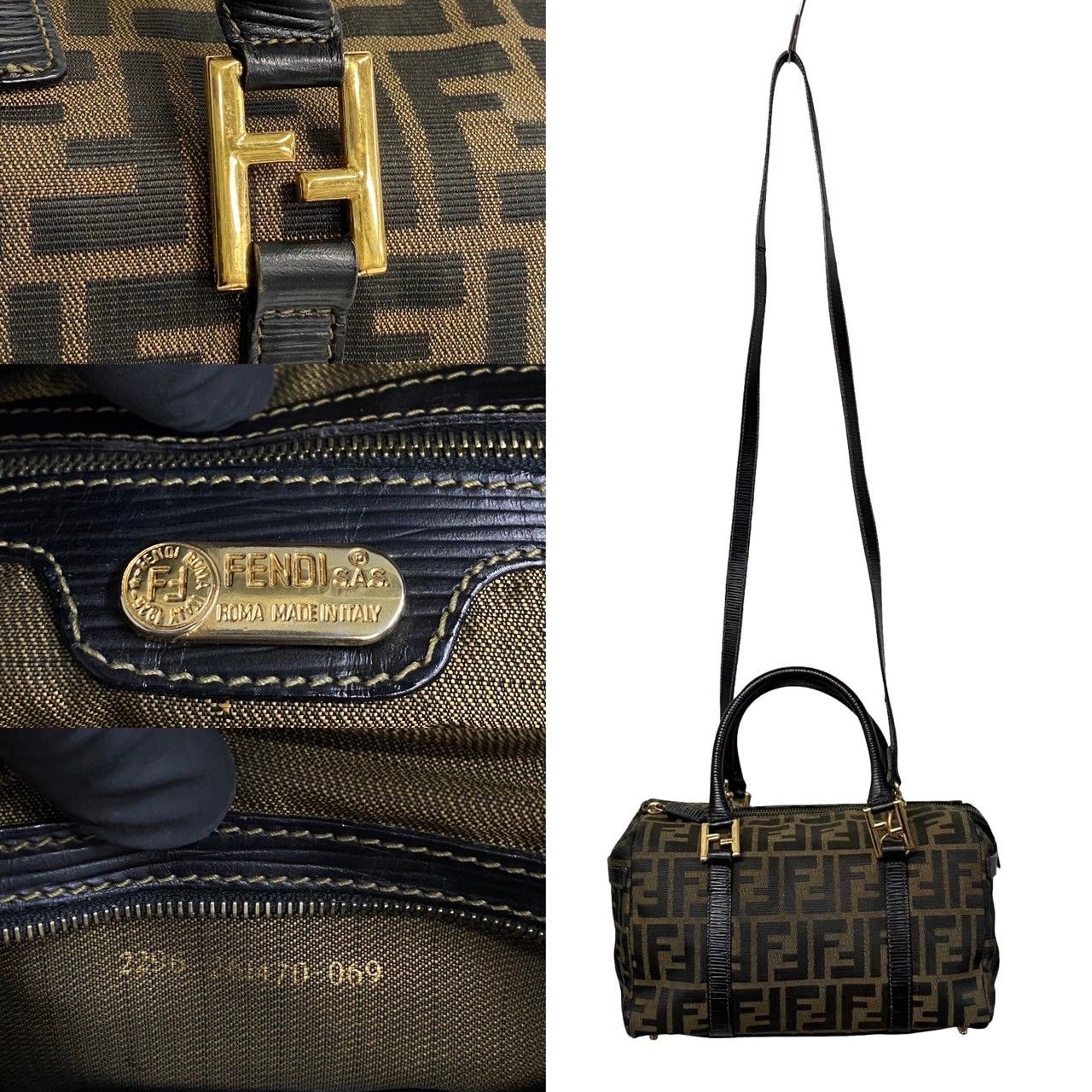 極 美品 袋付 FENDI フェンディ ズッカ 柄 FF ロゴ レザー 本革