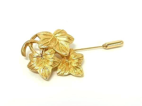 希少　クリスチャンディオール　ピンブローチ　リーフ　ラインストーン　ゴールド tnk-18375.jpg