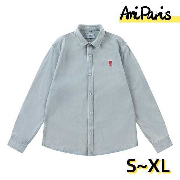 【新品】Ami Paris  カウボーイ長袖シャツ  ロゴ刺繍  ライトブルー  男女兼用  S~XL