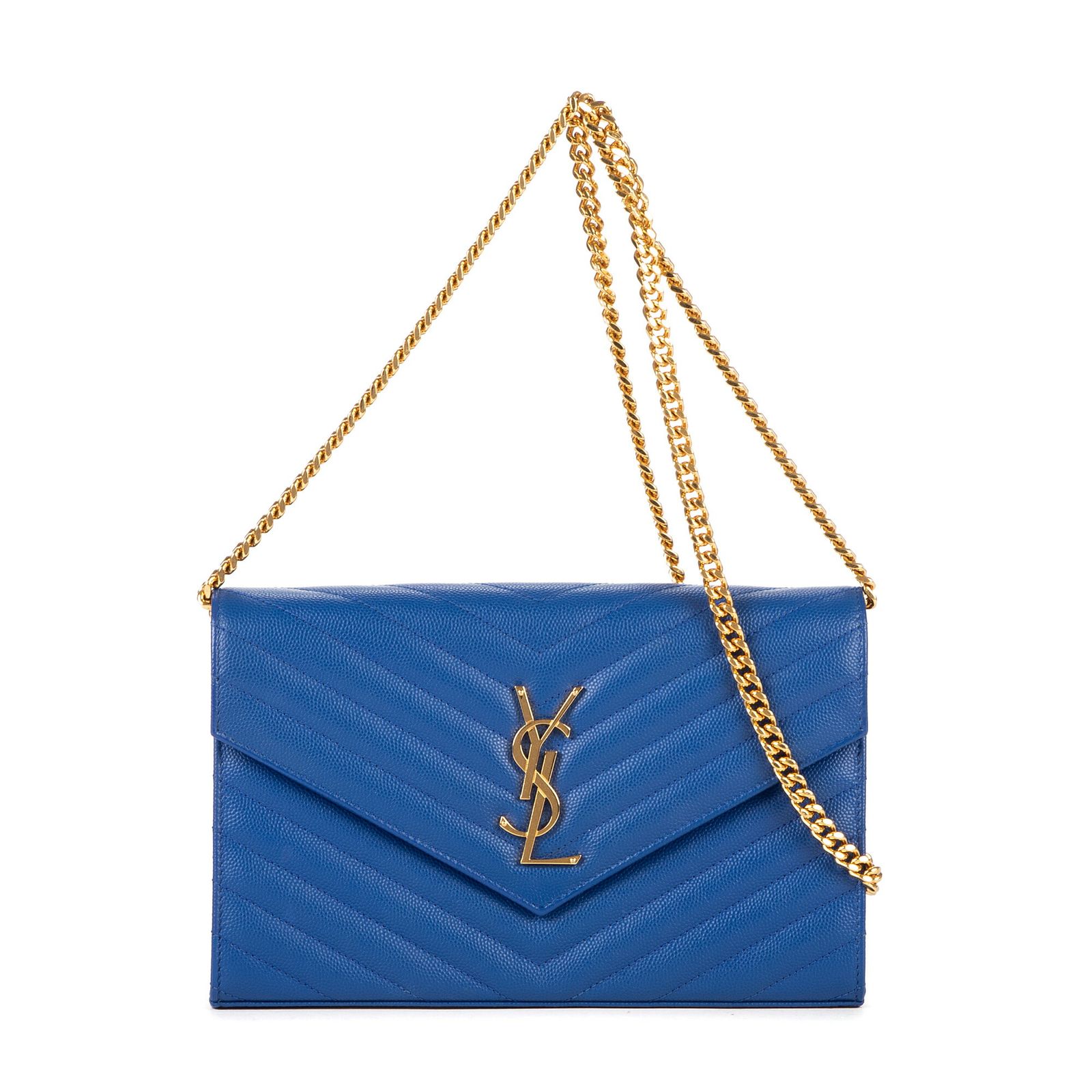 YVES SAINT LAURENT イヴサンローランチェーンウォレット青グレイン ド プードル レザーA