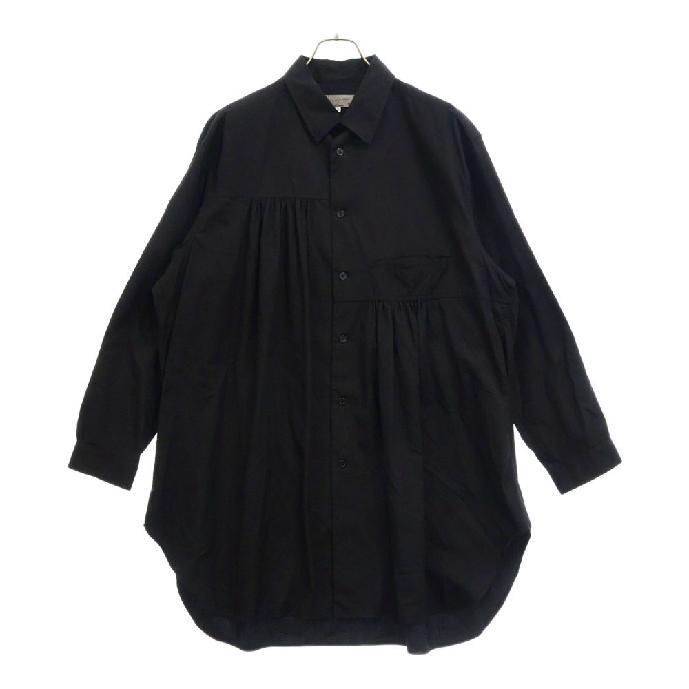 Yohji Yamamoto POUR HOMME (ヨウジヤマモト プールオム) 20SS ギャザーデザイン コットン レギュラーカラー 長袖シャツ ブラック HN-B18-014