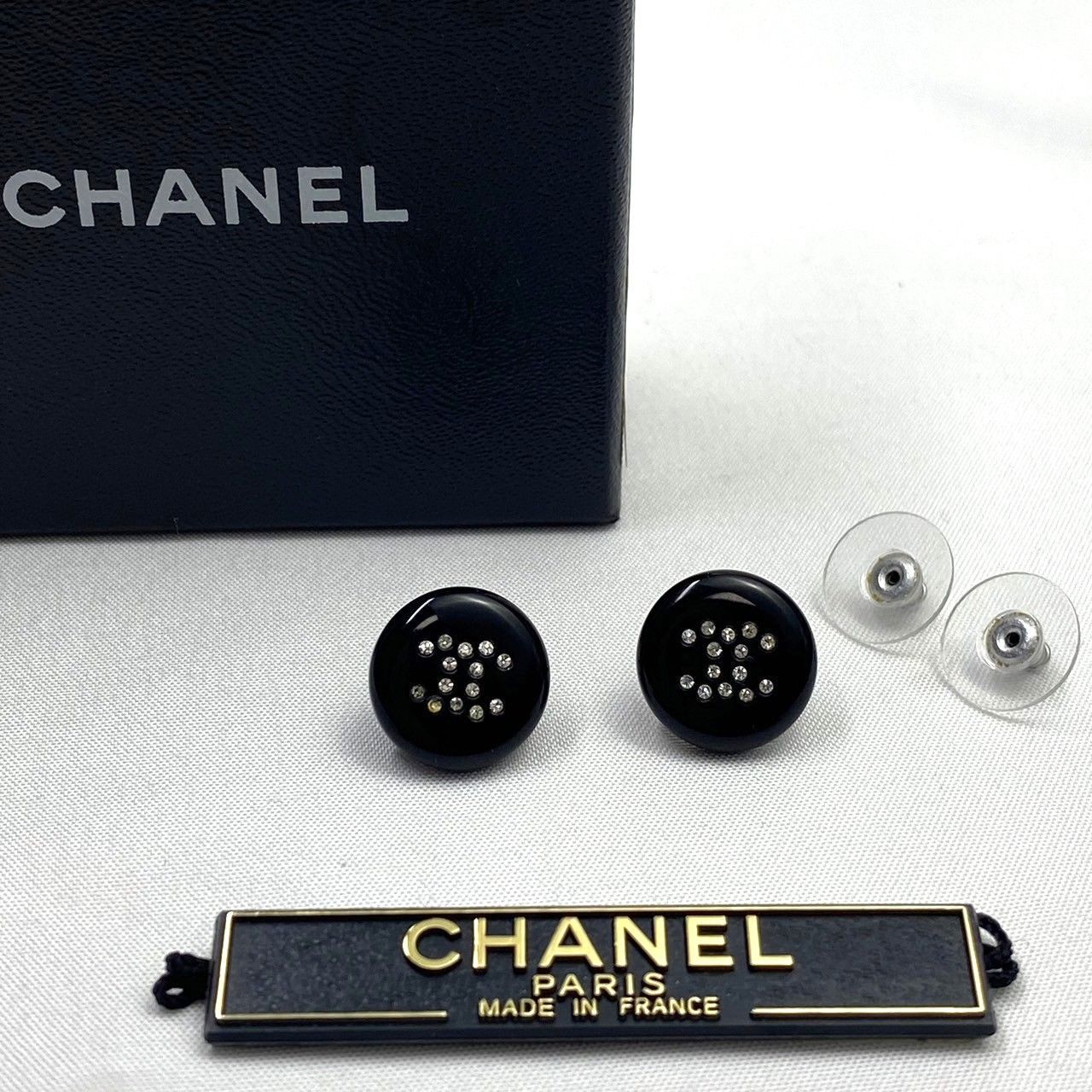 1968　CHANEL シャネル ラインストーン ピアス　ブラック　BOUCLES D OREIL Earring NOIR/CRISTAL