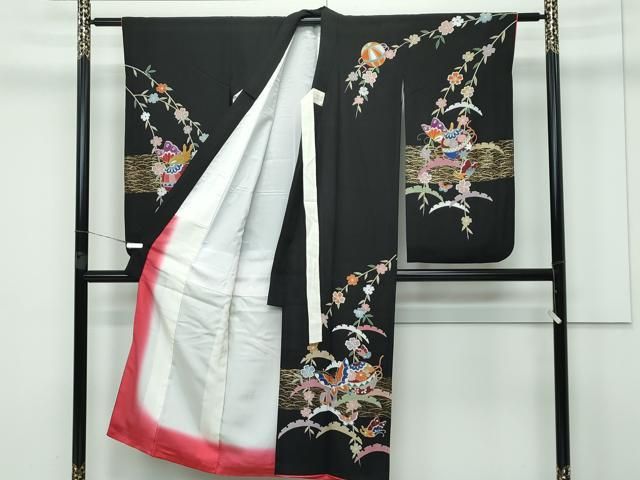 平和屋着物 上 七五三 女の子 7歳 祝着 帯セット 花蝶毬文 黒地 金彩 CZAA3369s5