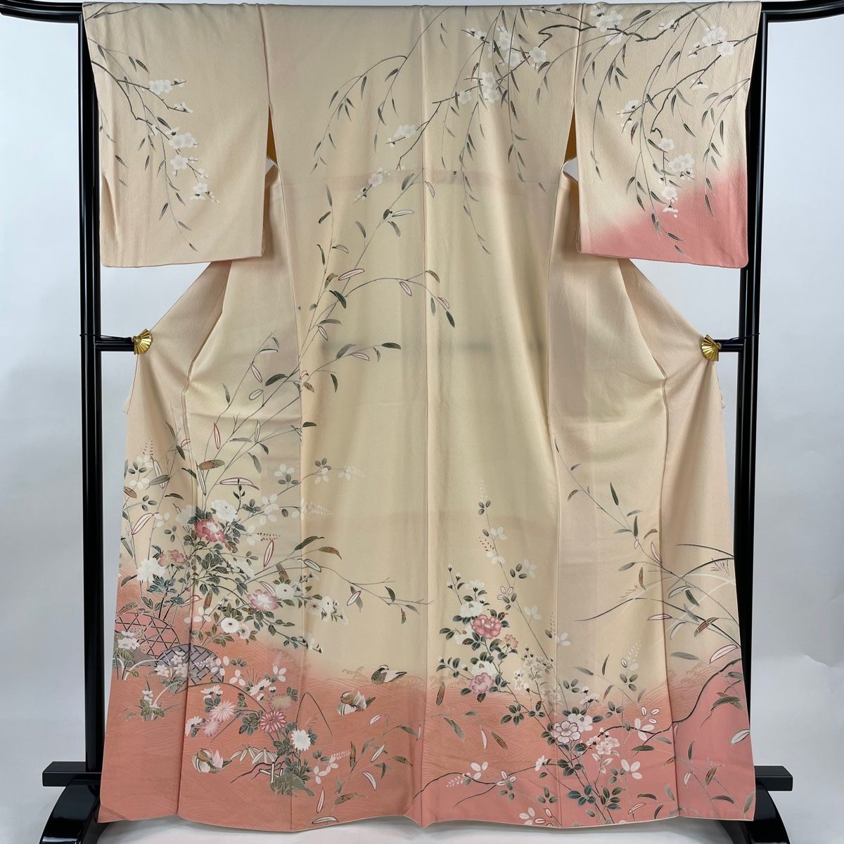 訪問着 身丈166cm 裄丈66cm M 袷 枝花 鴛鴦 金彩 染め分け 薄オレンジ 正絹 名品