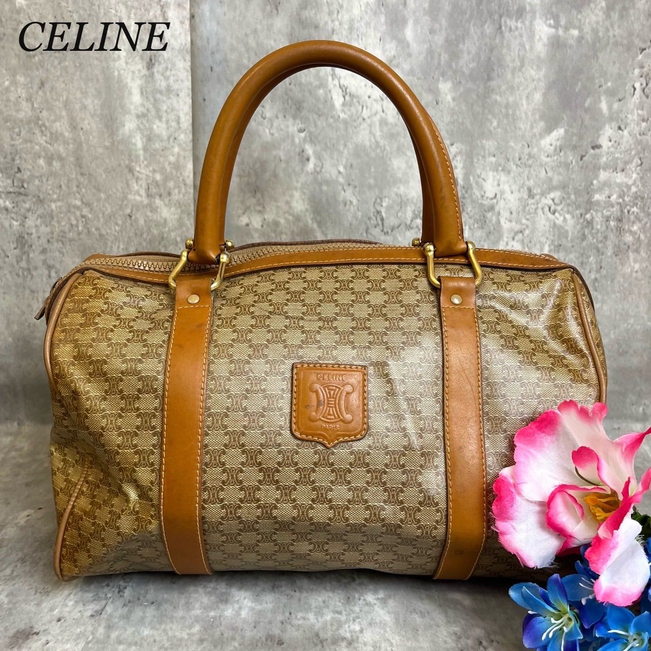 【美品】セリーヌ ボストンバッグ レザー×PVC マカダム柄 大容量 鍵付 セリーヌ ボストンバッグ レザー×PVC マカダム柄 トリオンフ 大