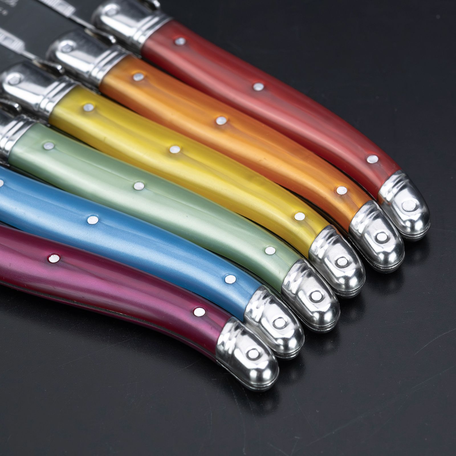 ラギオール Laguiole ステーキナイフ 6本セット カラフルハンドル 蜂モチーフ ケース付 包丁 フードカバー