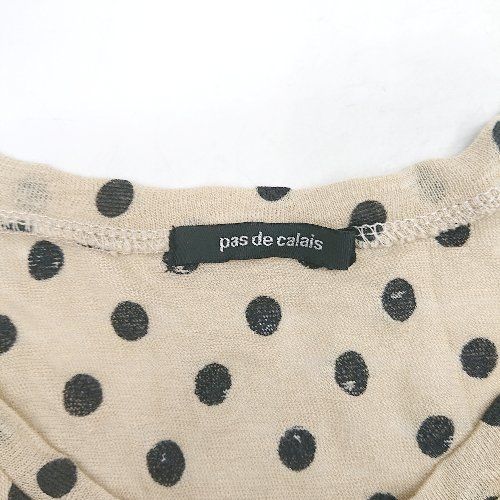 ◇ pas de calais パドカレ ドット 水玉 ボーダー 麻100％ ノースリーブ カットソー サイズS ベージュ系 レディース E  【1407020057356】