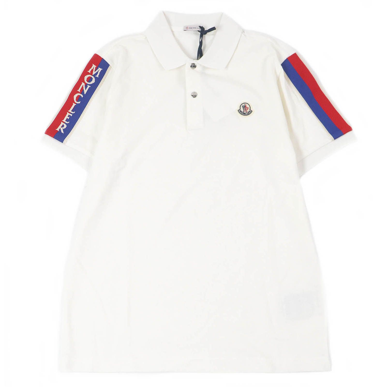 □MONCLER モンクレール コットン100％ トリコロール サイドロゴライン 半袖ポロシャツ カットソー ホワイト M メンズ