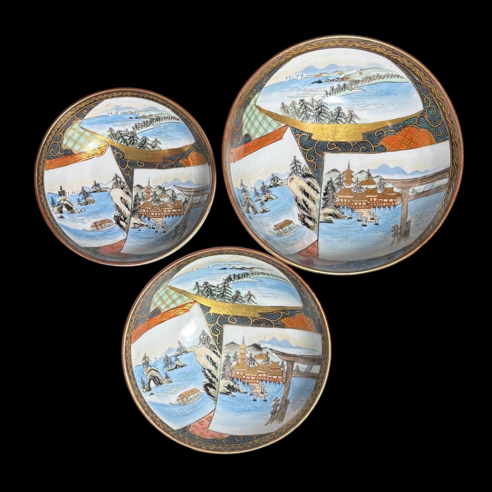 !! 3組鉢 九谷焼 大鉢 山水風景文図 金彩 色絵 伝統 鉢 丸皿 盛り皿 飾り皿 古美術 和食器 アンティーク