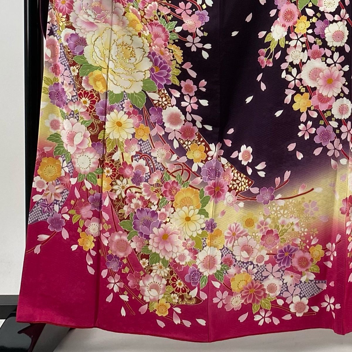 振袖 身丈163cm 裄丈65.5cm M 袷 薬玉 桜 金彩 箔 茶紫 正絹