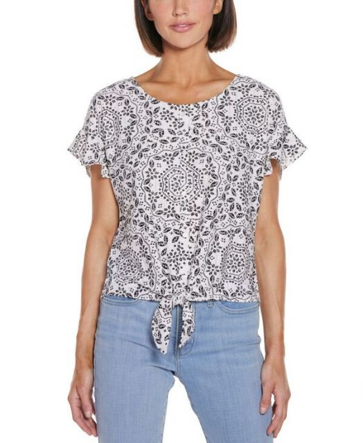 売れ筋商品|||ベルディーニ カットソー トップス レディース Plus Size Printed Eyelet Tie-Front Knit Top White/Black 送料無料】 ベルディーニ レディース シャツ トップス Women's