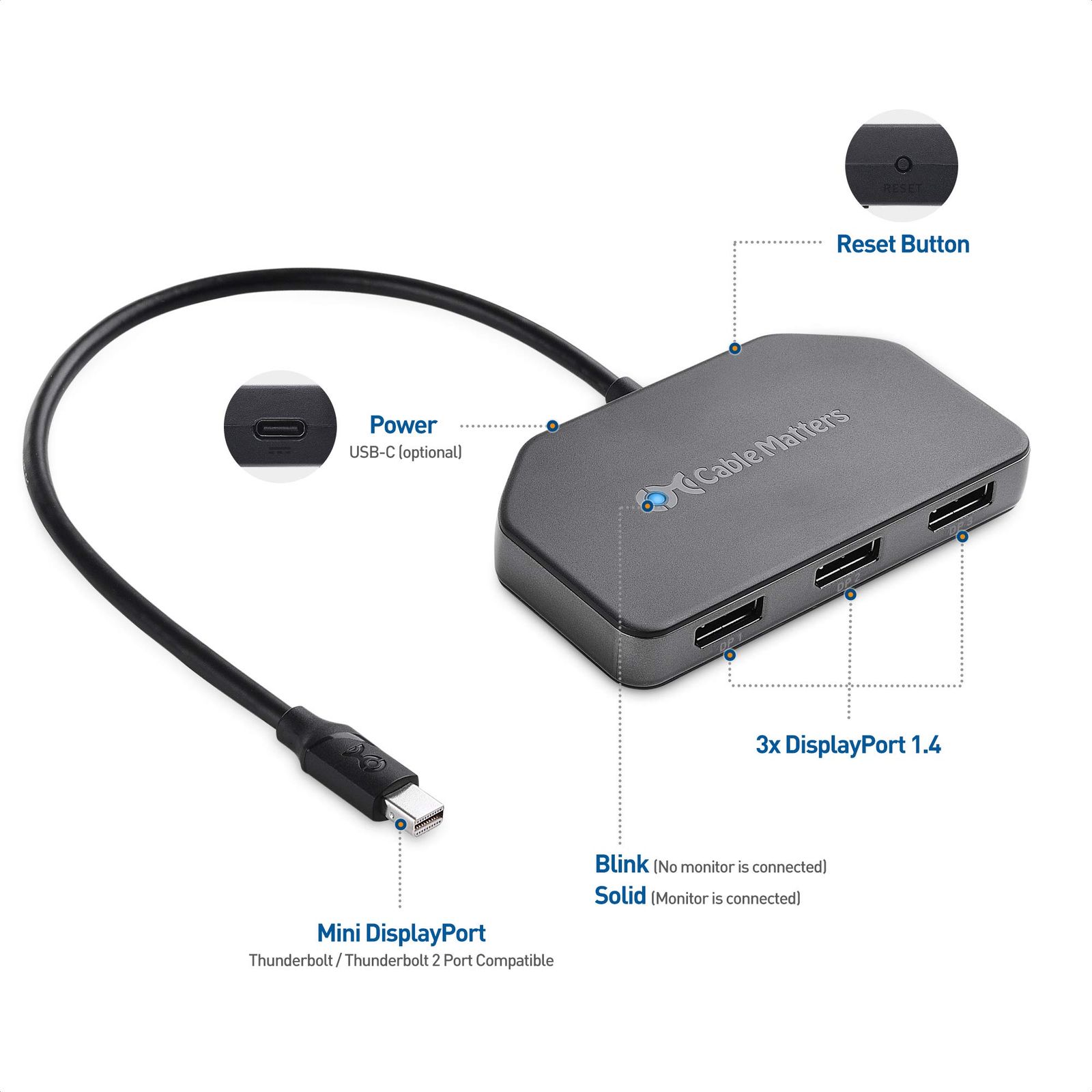 Cable Matters トリプル 4K Mini DisplayPort DisplayPort MSTハブ 3ポート MSTハブ MiniDP DP1.4スプリッター 8K HDR 3画面同時表示 - Windows用