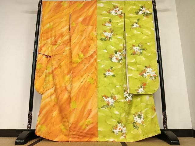 平和屋着物●豪華振袖 手描き 片身替わり 草花霞文 暈し染め 正絹 AABC0114zg