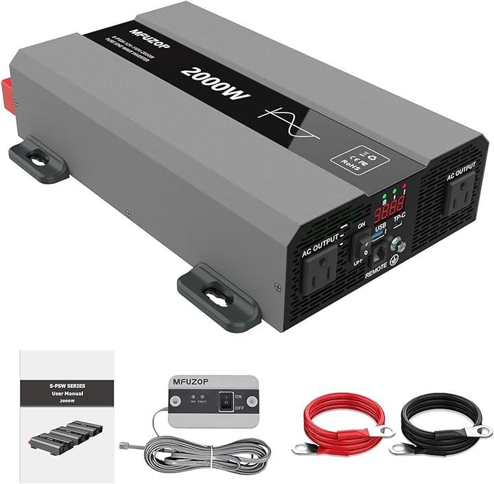 MFUZOP インバーター 2000W 正弦波 12V DC 110V AC 瞬間出力ーク4000W カーインバーター コンセントx2 USBソケットx1 TypeC 冷却ファンx2 太陽光発電(グレー，  12V2000W)