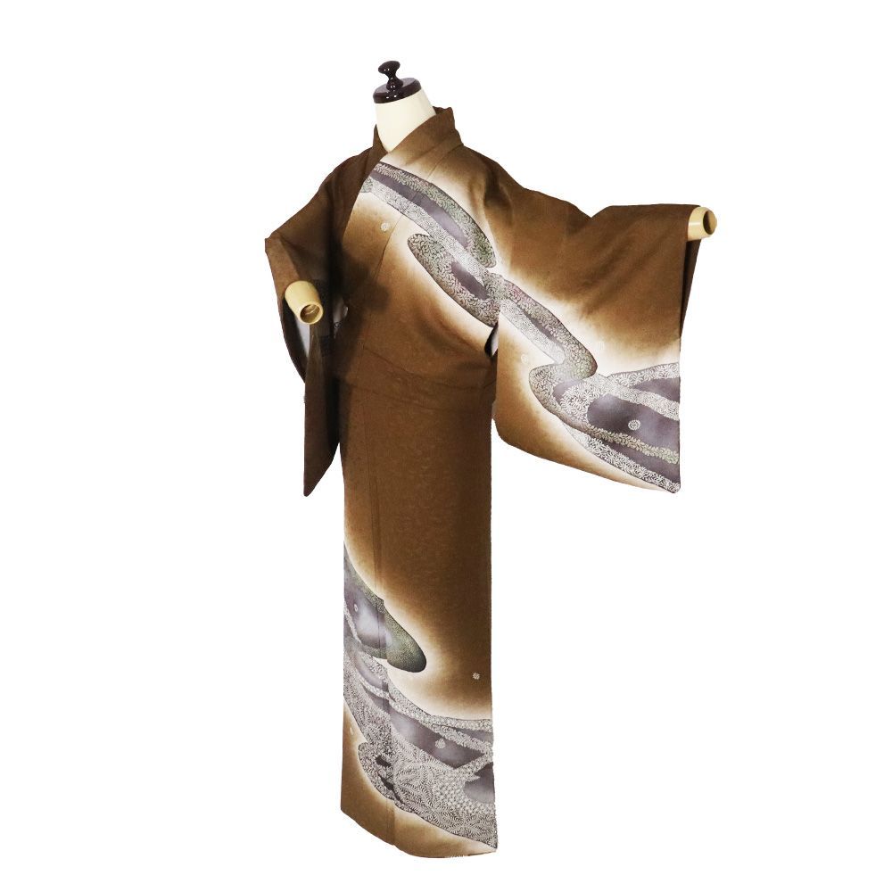 訪問着 袷 正絹 茶 紫 緑 暈し 草花 流水 Sサイズ ki31106 レディース シルク ギフト フォーマル 30代 40代 50代 み