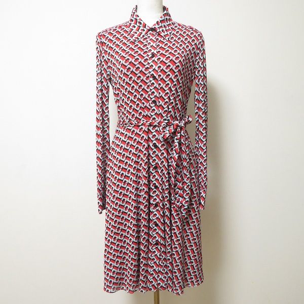 anc ダイアンフォンファステンバーグ DVF ワンピース XS 赤 黒 薄緑 総柄 パワーネット ベルト紐付き レディース 825720