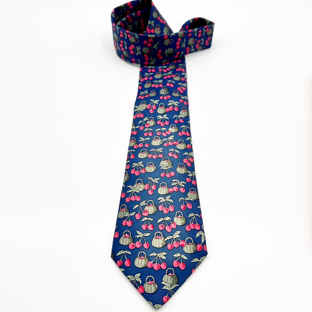 最高峰品】エルメス Hermès ネクタイ さくらんぼ柄 青色系 箱付き