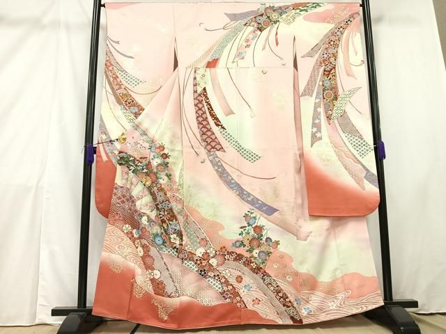 平和屋着物□豪華振袖 駒刺繍 流水草花文 金銀彩 正絹 逸品
