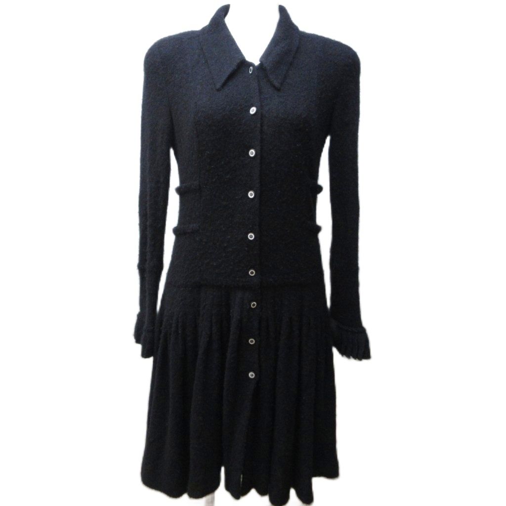 シャネル CHANEL 03A カシミヤ ギャザー ワンピース ロング 長袖 ラッフル袖 黒 ブラック 38 約M P21759V12749 MNK1