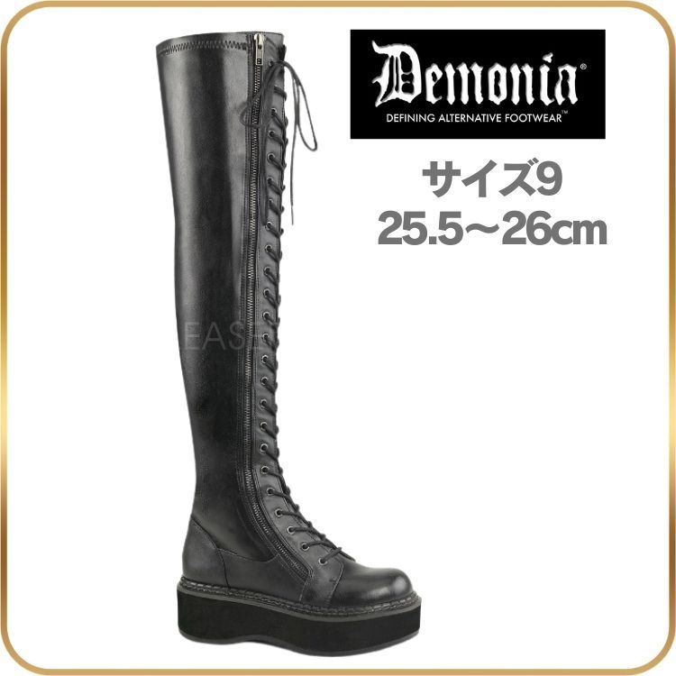 25.5 26 cm demonia デモニア 厚底 ブーツ ニーハイブーツ サイハイブーツ 厚底 ブーツ ロング 5cm ヒール 黒 ブラック  フェイクレザー レースアップ 編み上げ ジッパー ロック パンク ゴシック 衣装 コーデ レディース メンズ 靴 - メルカリ