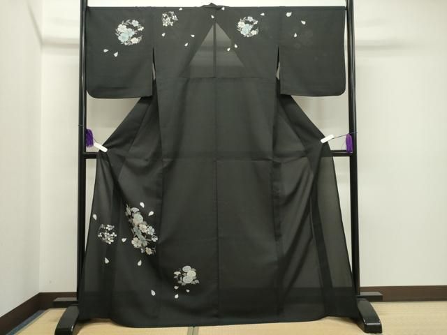 平和屋着物＊夏物 訪問着 紗 セオアルファ 朝顔 黒地 夢工房 洗える