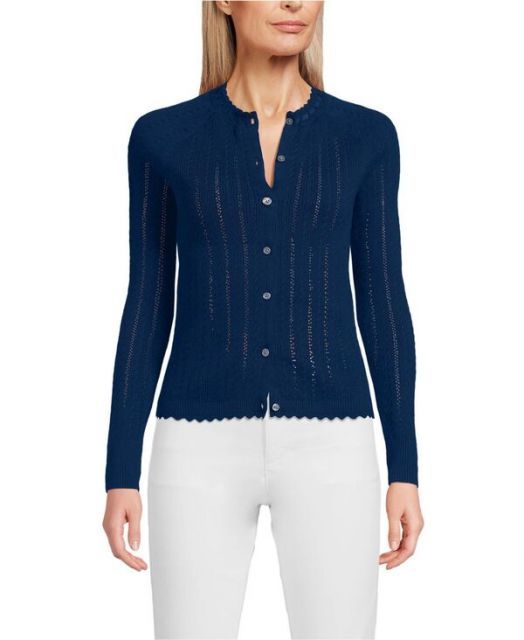 送料無料 ランズエンド レディース ニット セーター アウター Women s Cotton Pointelle Satin Trim Cardigan Sweater Deep sea navy