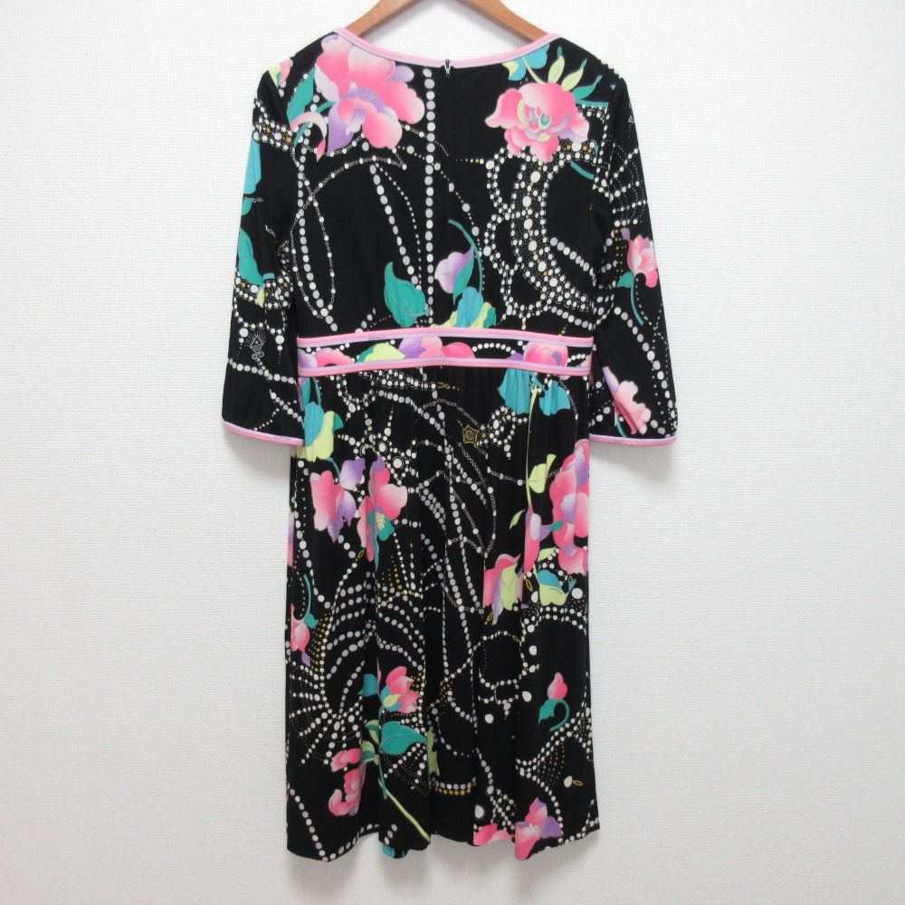 LEONARD レオナール カンカンストレッチ フラワー パールプリント スクエアネック ドレス ワンピース サイズ40 ブラック ピンク レディース 古着