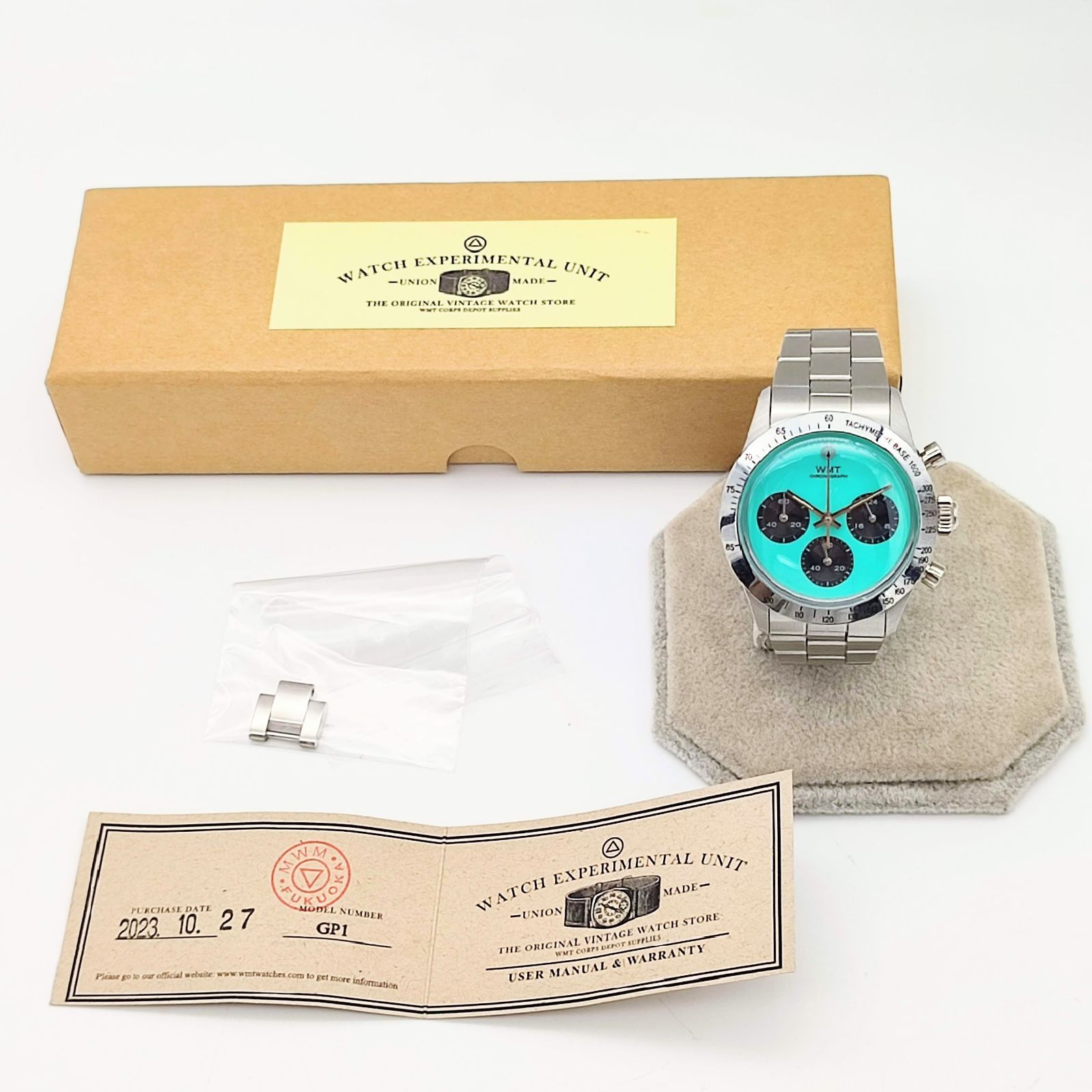 美品】WMT GP1 メカニカルクォーツ ターコイズブルー クロノ 美品】WMT GP1 メカニカルクォーツ ターコイズブルー クロノ