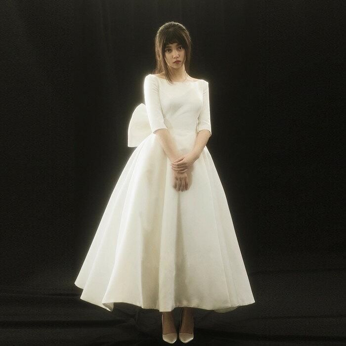 ウエディングドレス 二次会 ミモレ丈 袖付き 袖あり 花嫁二次会 パーティー 結婚式 海外挙式 前撮り 後撮り ブライダル 披露宴 ドレス エン